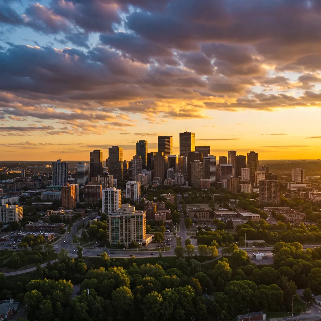  image of the Downtown Edmonton cityscape at sunset