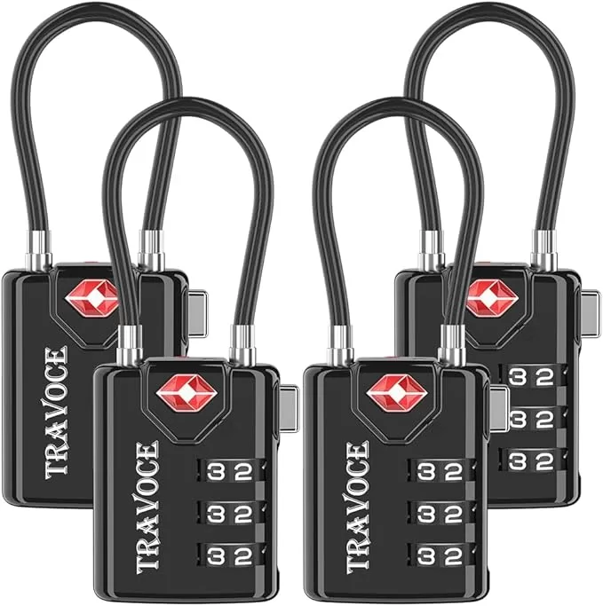 TRAVOCE TSA Approved Heavy Duty 3-Digit Combination Cable Locks, 4 pack value
